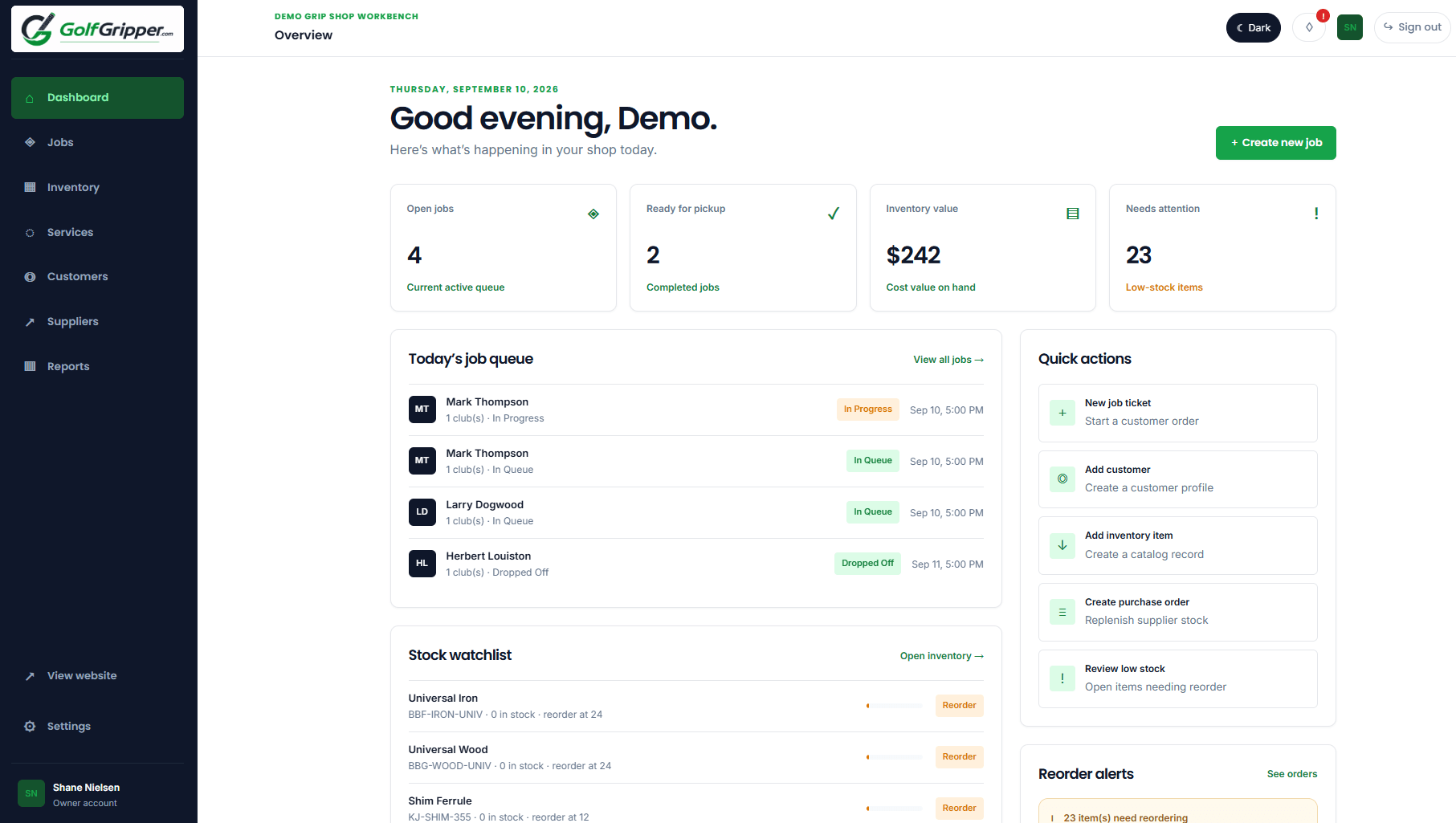 GolfGripper dashboard with repair jobs, inventory, quick actions, and reorder alerts