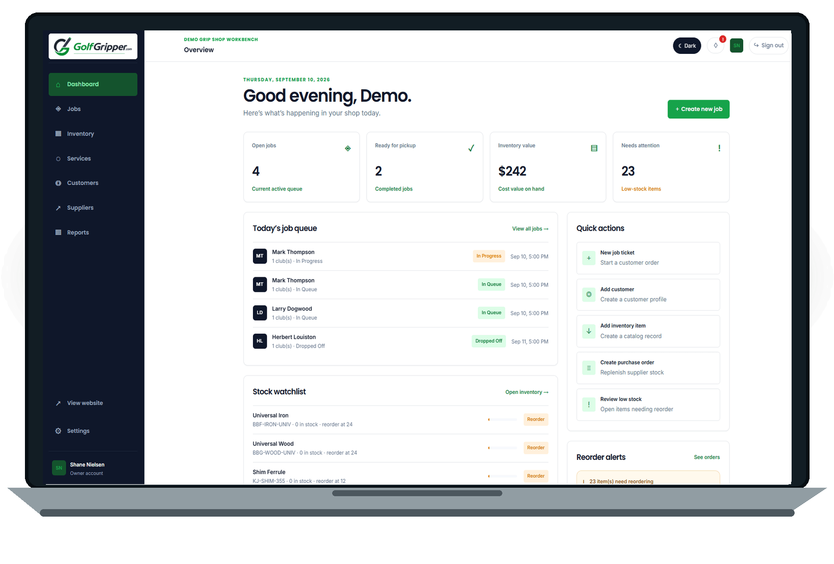 GolfGripper dashboard showing jobs, inventory, quick actions, and reorder alerts