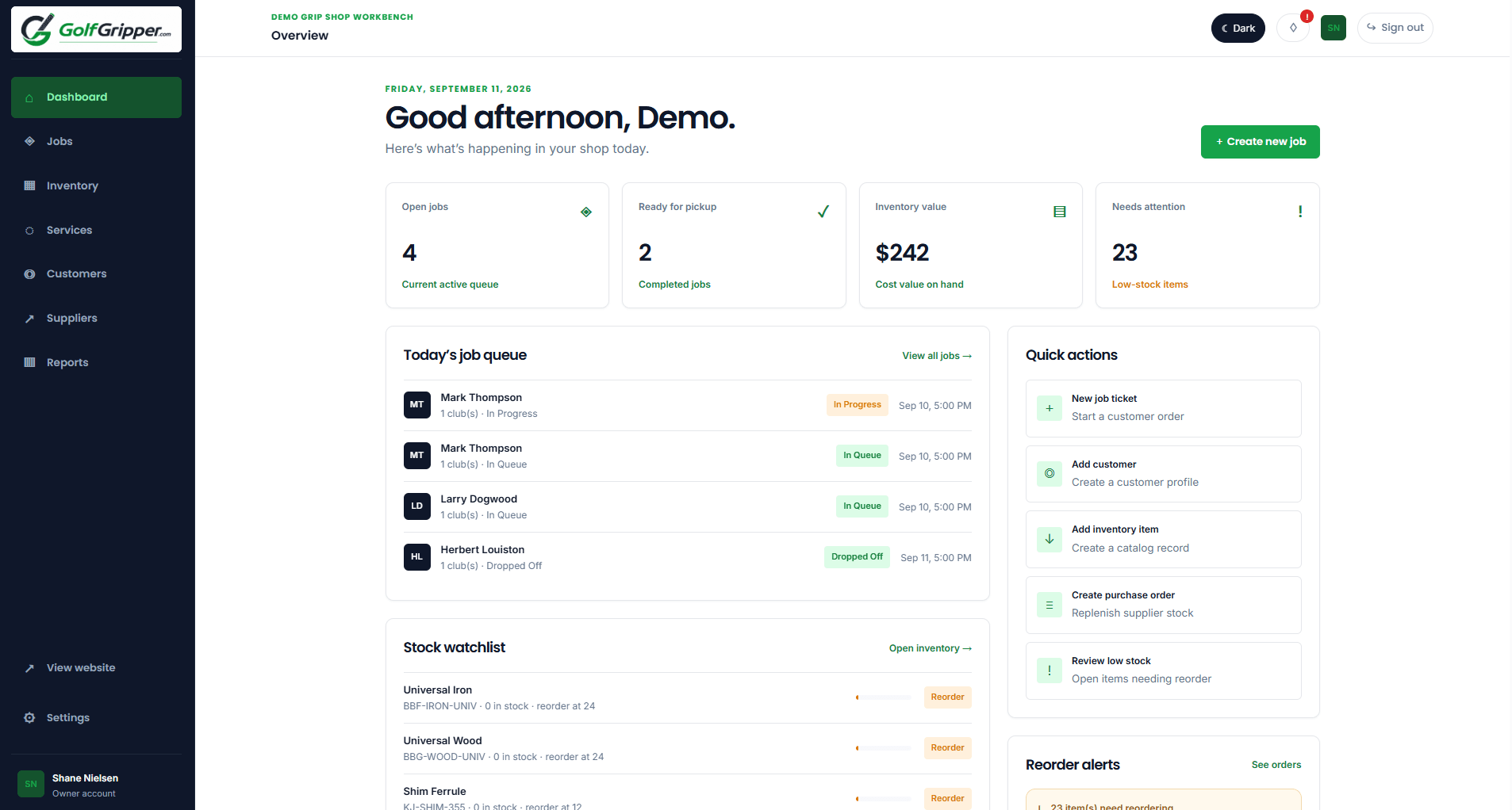 GolfGripper job management interface